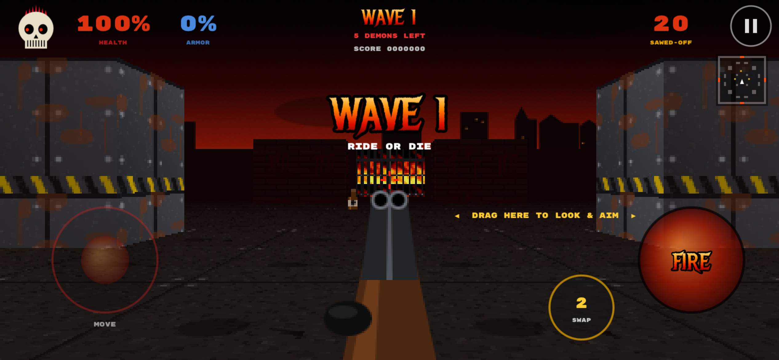 HELLWAY: Carnage — Wave 1 begins, RIDE OR DIE banner over the arena
